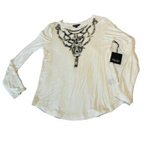 Simply Vera Vera Wang Long Sleeve Top XS White Beaded Design Rayon Spandex